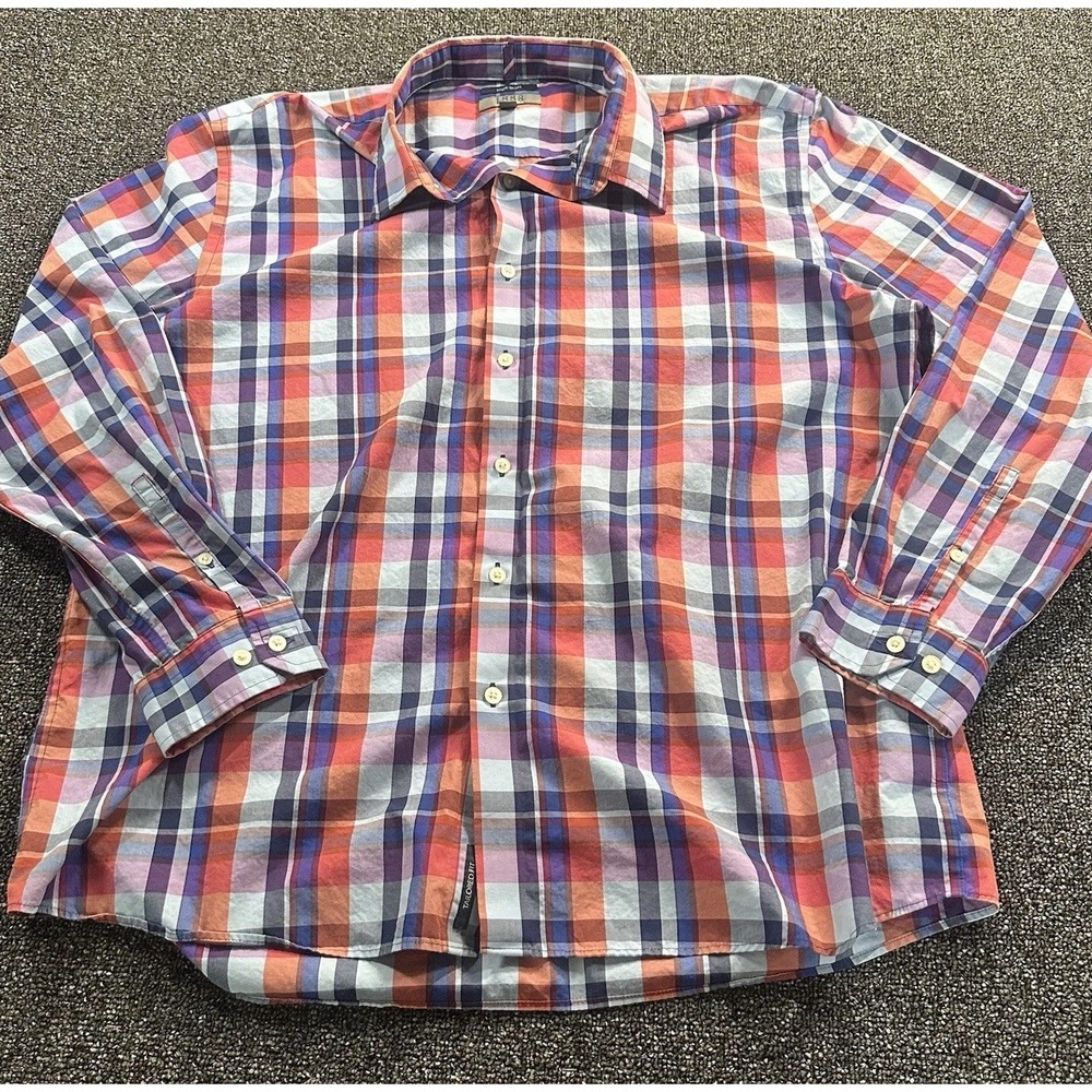 1888 Saddlebred Mens XXL Tailored Fit Non-Iron Plaid Butt Down Shirt Orange Blue